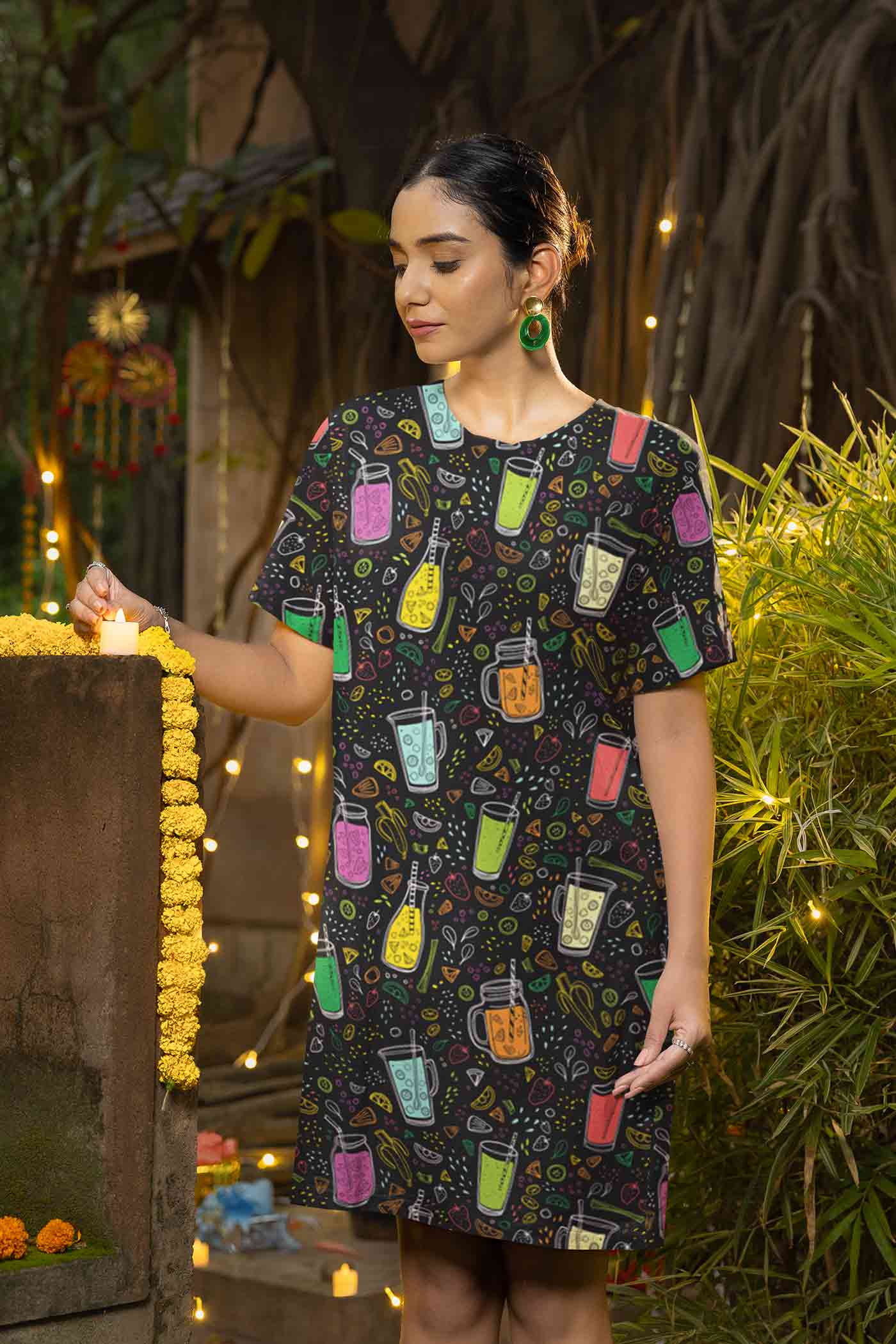 Summer Sips Women Tshirt dress printed